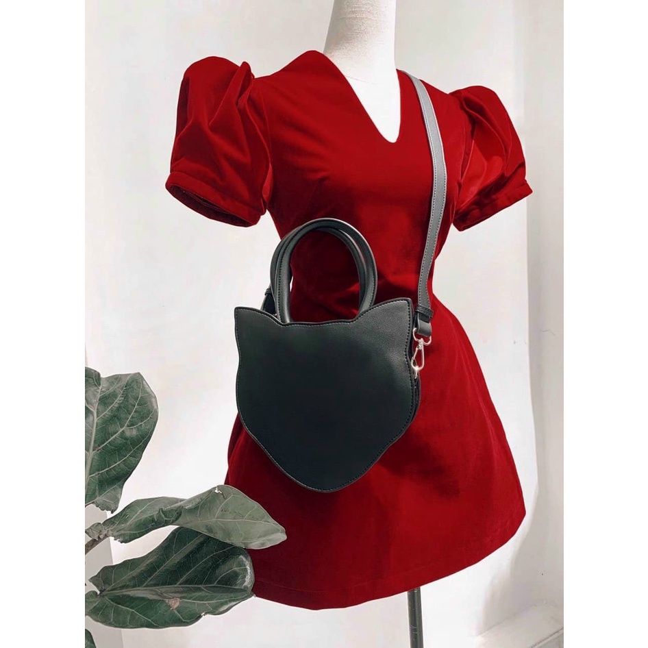 Đầm Nhung Đỏ ❤️FREESHIP❤️ Dáng Xòe Cổ V Tay Phồng