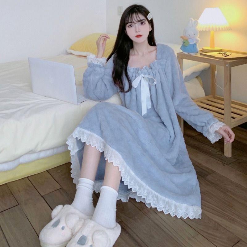 Váy ngủ nữ công chúa mùa đông dài tay ren dày ấm Ulzzang mềm mại đồ mặc nhà AS1421