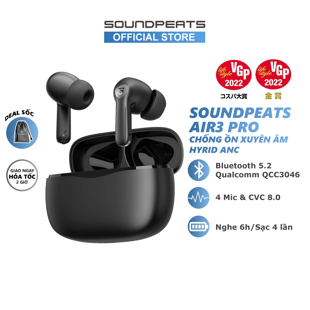 Tai Nghe True Wireless SoundPEATS Air3 Pro Hyrid ANC QCC3046 Bluetooth 5.2