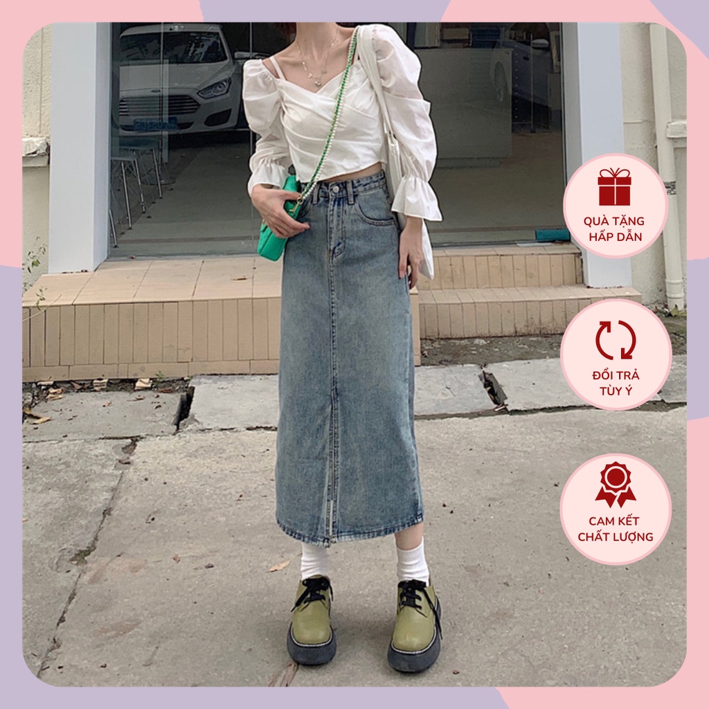 Chân váy bò dài xẻ trước lưng cao vintage cao cấp chất jean dày đẹp dáng chữ A màu xanh trầm WANAWEAR