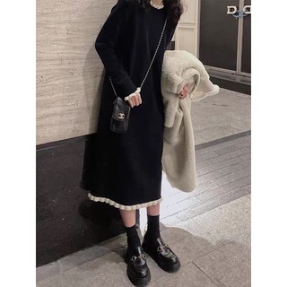 Váy len dệt kim màu đen dáng dài