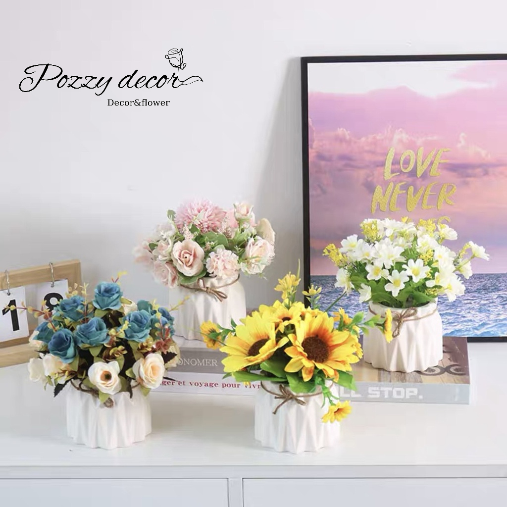 Bình hoa mini cắm sẵn nhiều mẫu hoa giả cao 18cm để bàn học, bàn trà, kệ tủ, decor, (cả bình và hoa)