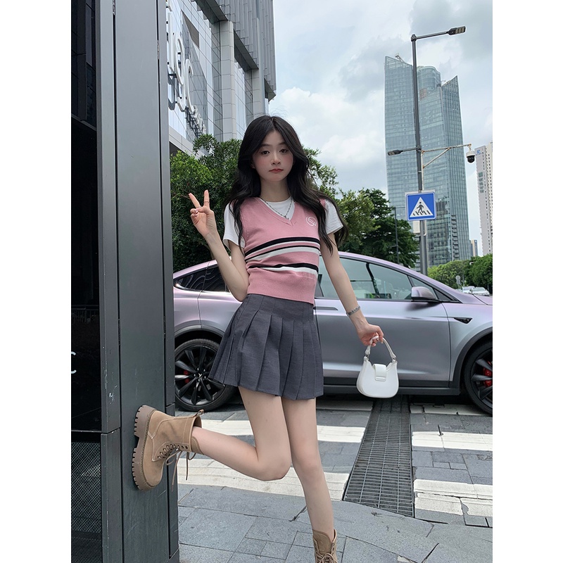 Áo Ghi Lê Hồng Ghi Sọc Ngang Không Tay Sát Nách Cổ Chữ V  Thời Trang Loại 1, Áo Tennis Thể Thao Hàn Quốc