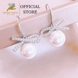 Khuyên tai nữ bạc đẹp,bông tai bạc nữ dáng dài hạt tròn đính đá Minh Thoa Silver