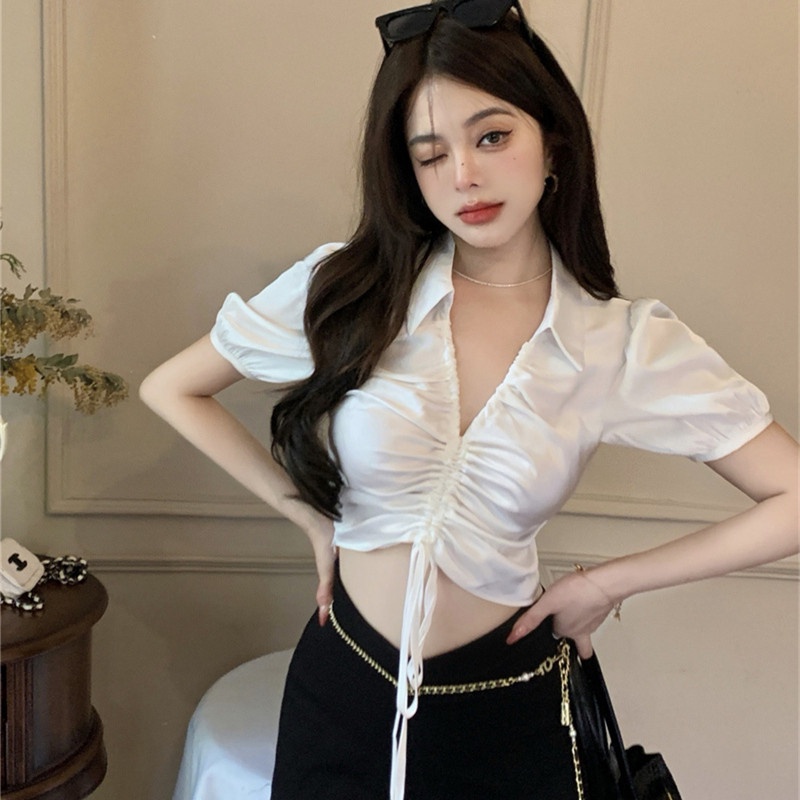 Áo Croptop Tay Ngắn Cổ POLO Thiết Kế Gợi Cảm Cho Nữ