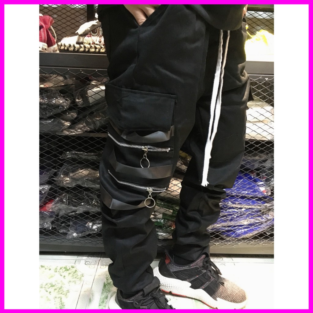 Quần kaki jogger lé dây đen có khóa zip