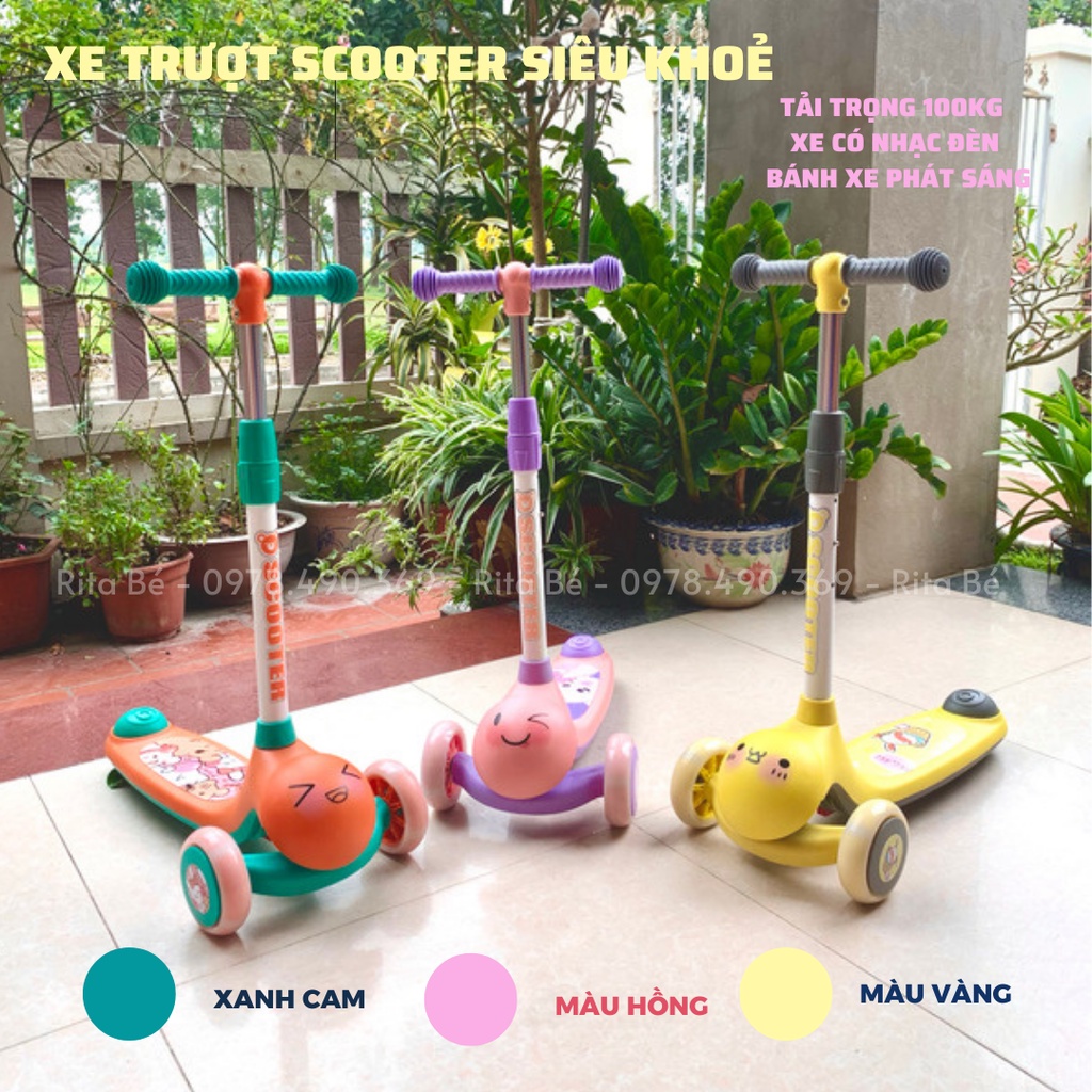Xe scooter cho bé sử dụng từ 1,5 tuổi 3 bánh to phát sáng vĩnh cửu gấp gọn chịu lực 70kg