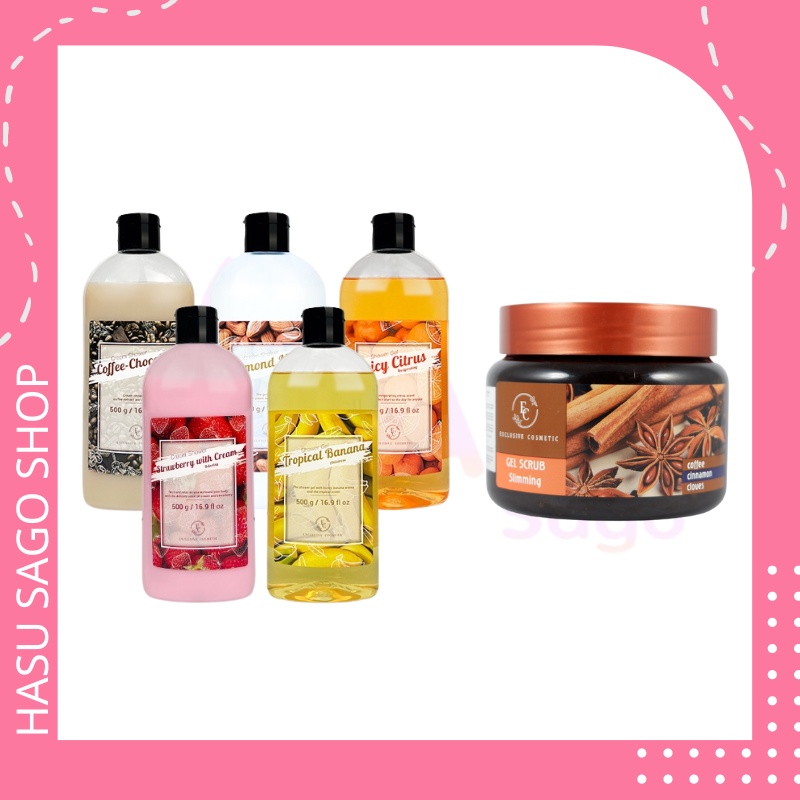 Combo Trắng Sáng Sạch Sâu Cho Body - Sữa Tắm Hương Trái Cây Exclusive Cosmetics 500g Và Tẩy Tế Bào Chết Quế Hồi 380g