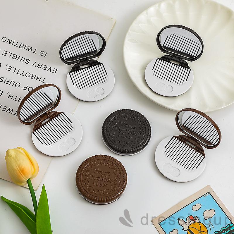 [Hàng mới về] Gương trang điểm và lược mini dáng tròn hình bánh quy xinh xắn