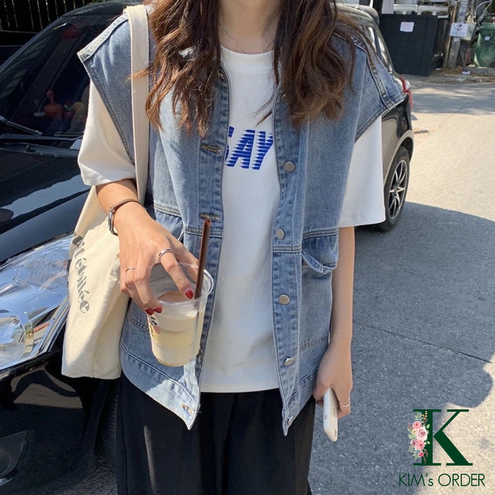 Áo khoác jean nữ màu xanh dáng rộng kiểu dáng denim jacket sát nách phong cách Ulzzang, đi học đi chơi dạo phố du lịch