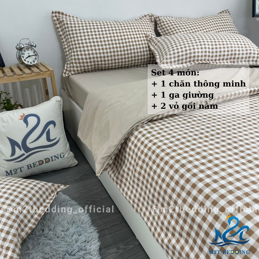 Bộ chăn ga gối Cotton 3D M2T BEDDIND Luxury chăn chần bông thông minh drap giường - CTM Caro nâu be