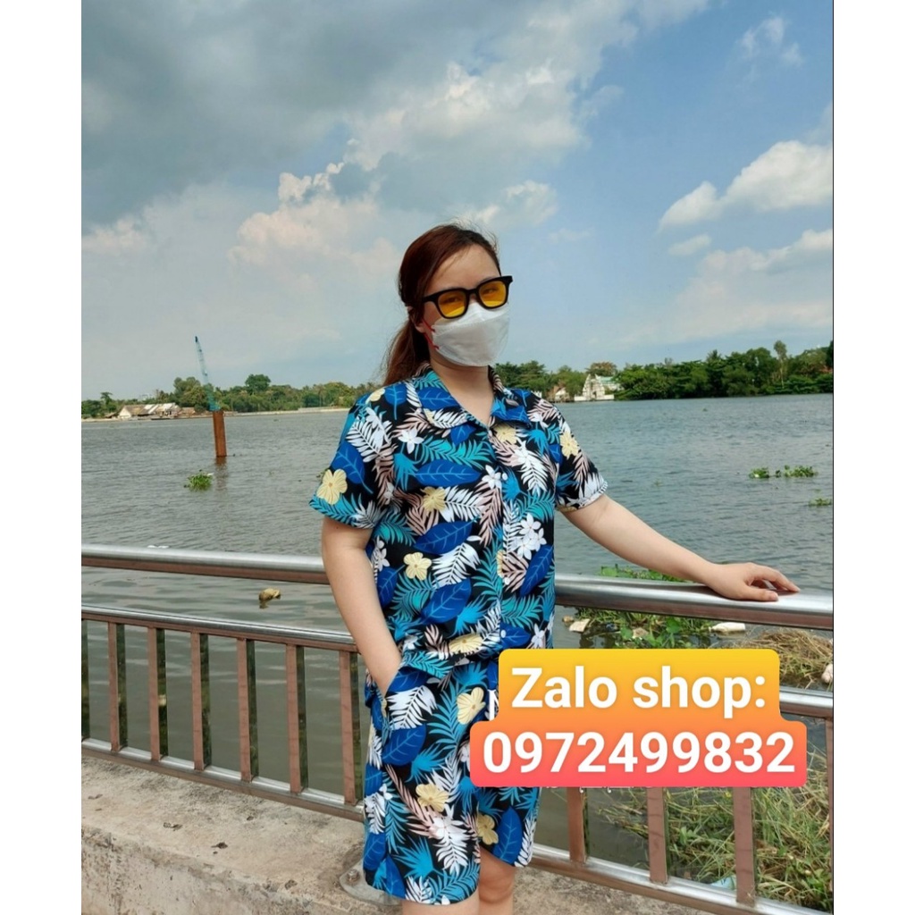 Set bộ sơ mi đi biển du lịch hoa lá màu xanh, đồng phục TEAM Nguyên bộ cho gia đình nhóm