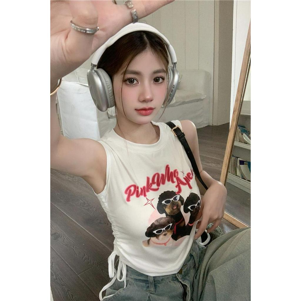 Lalisas Áo Sát Nách Cổ Thuyền Thiết Kế Dây Rút In Cảm Giác retro Mỹ Cho Nữ