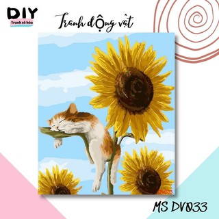 Tranh tô màu theo số DIY Tranh động vật mèo lười và hoa hướng dương DV033