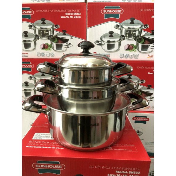 BỘ NỒI 3 ĐÁY SUNHOUSE (16/20/24 cm) có giá sỉ