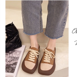 Mango Mũi Vuông Ren-Up Ngón Chân Nửa Dép Sinh Viên Flat Slip-On Giày Trắng Giày Vải