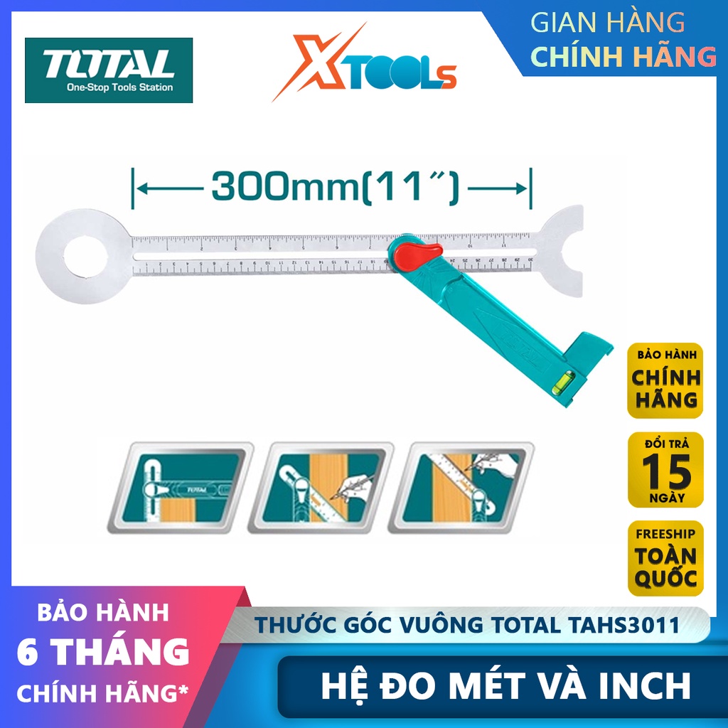 Thước góc vuông TOTAL TAHS3011 chiều dài 300mm, nhựa PC và sợi thủy tinh, có mực nước thủy cân bằng -CHÍNH HÃNG-XTOOLS