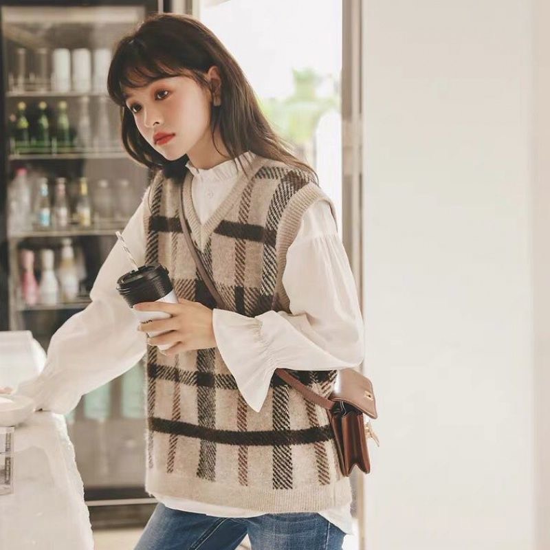 Áo gile len nữ hàn quốc dáng rộng ulzzang cổ v họa tiết kẻ caro mix sơ mi trắng - 038