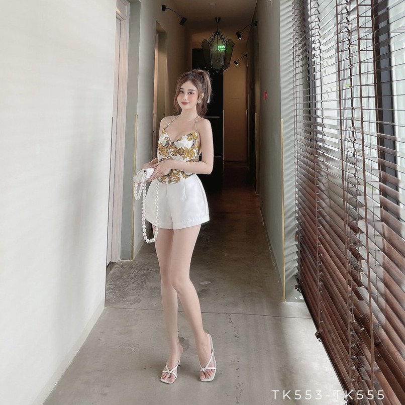 Áo crop họa tiết độc đáo buộc nơ hở lưng