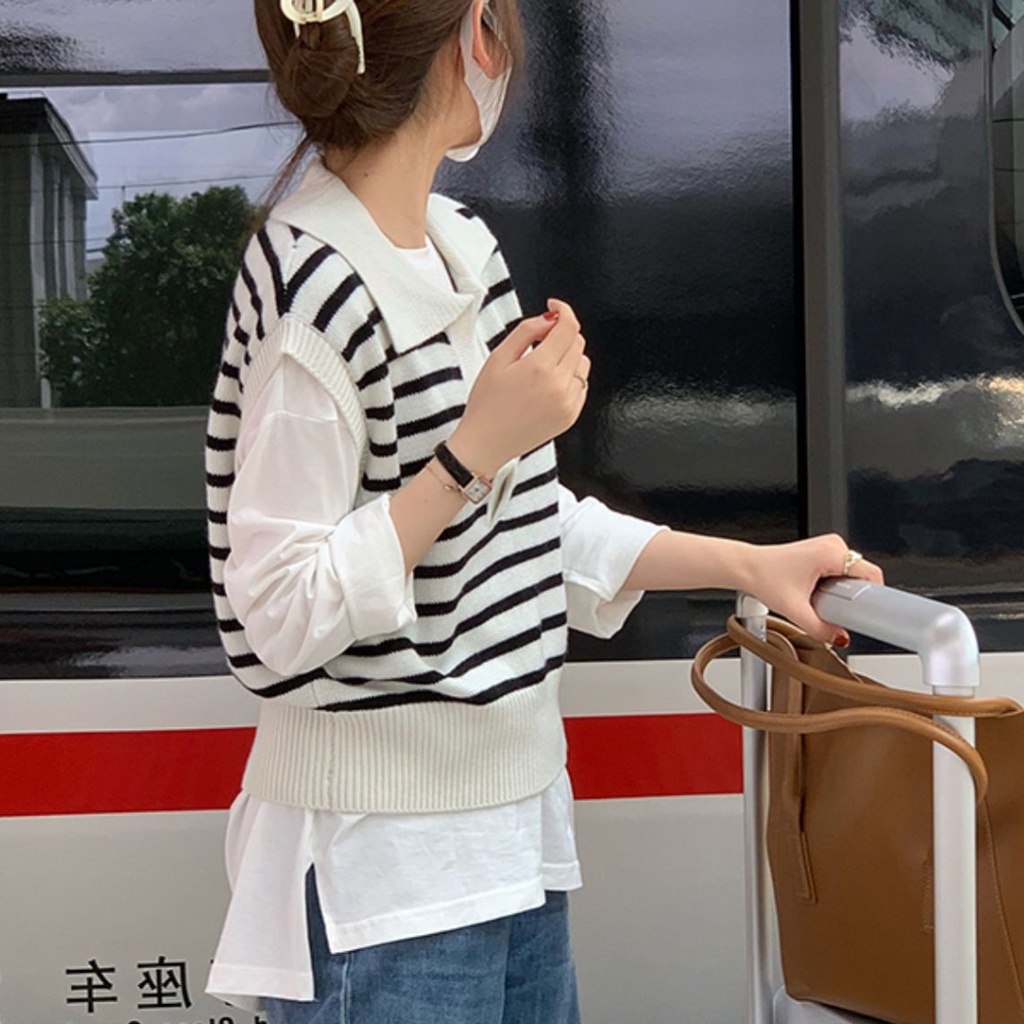 Áo Dệt Kim Sát Nách Dáng Rộng Cổ Bẻ Giả Nhiều Lớp Cá Tính Thời Trang Hàn Quốc Cho Nữ