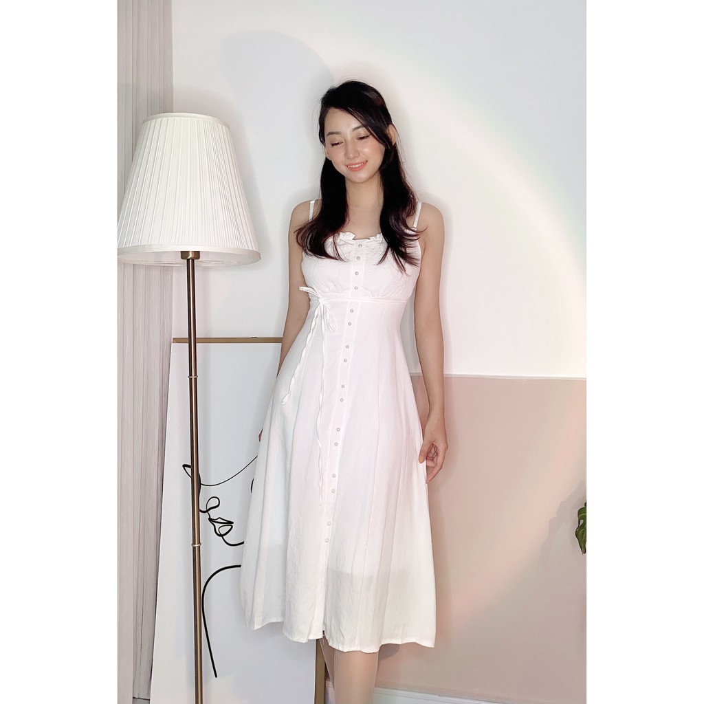 Đầm 2 dây xòe, nút trai, lenin, cột nơ eo, maxi, trắng, hồng, xanh, maxi, bánh bèo, dễ thương, hai dây | BigBuy360 - bigbuy360.vn