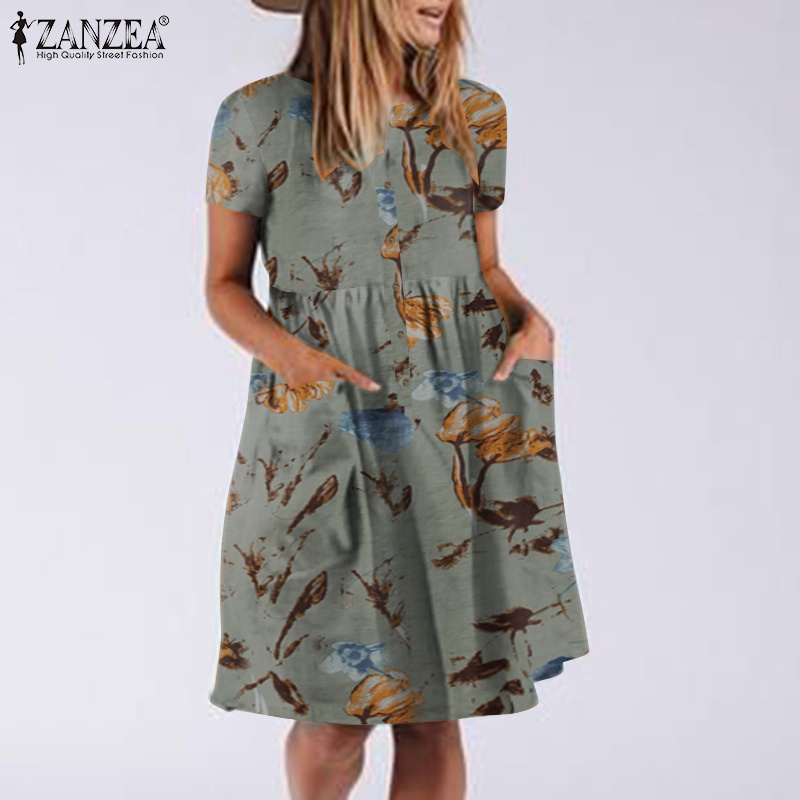 Đầm ZANZEA tay ngắn cổ tròn in họa tiết phong cách retro châu âu thích hợp cho nữ