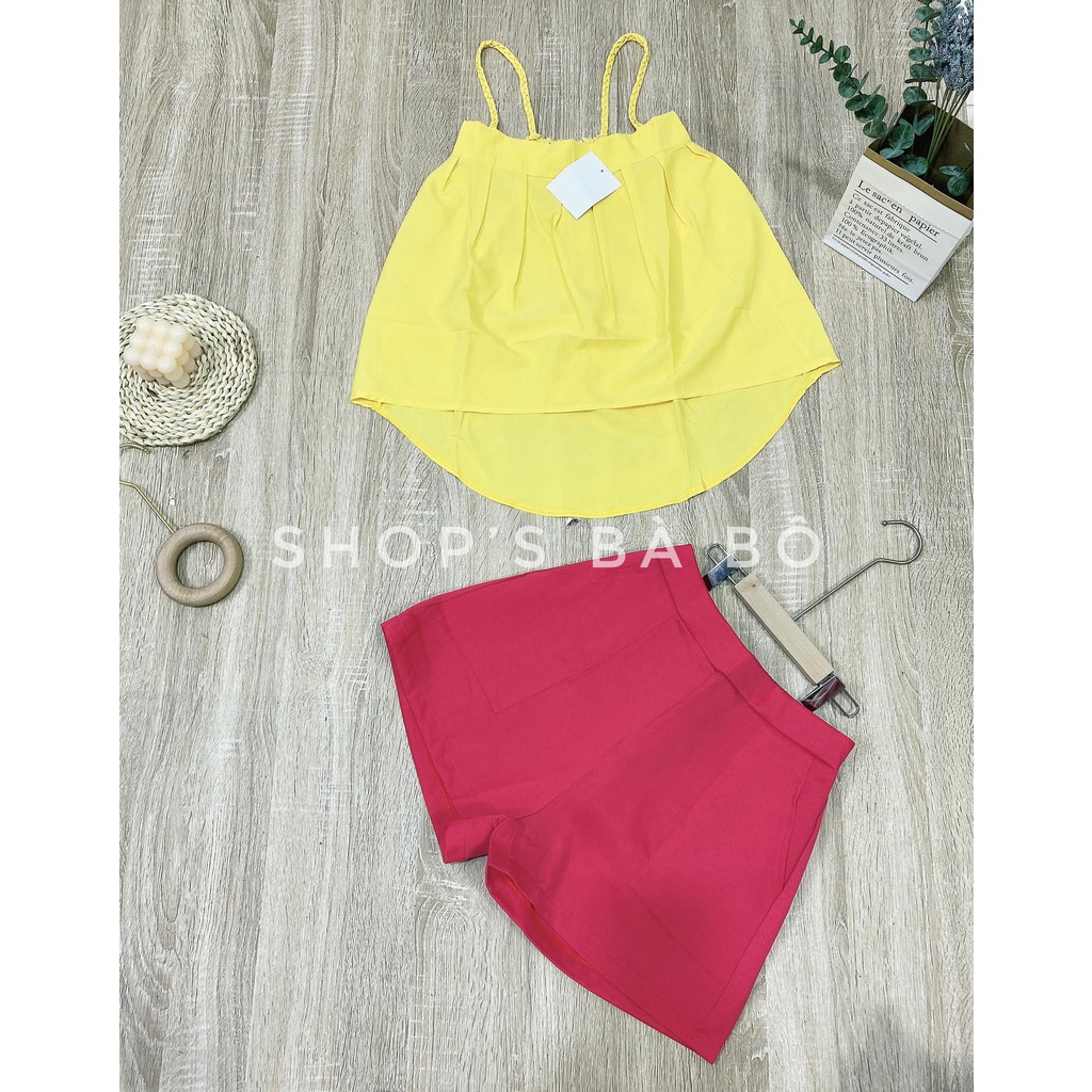 Set hai dây đan, áo xếp ly, quần short có túi cho nữ mặc đi chơi, siêu phong cách, dễ thương