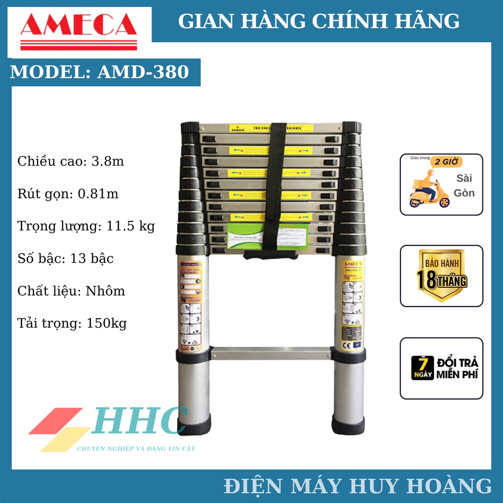 Thang nhôm rút đơn 13 bậc AMECA AMD-380, thang nhôm rút đơn cao 3,8m