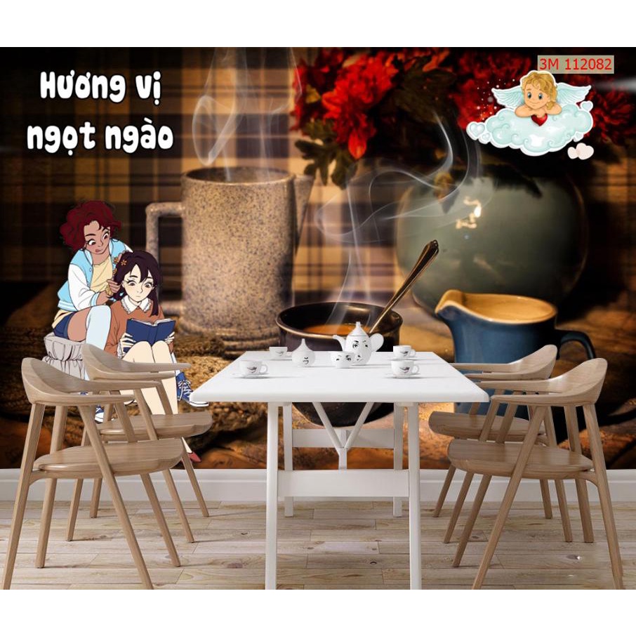 Tranh dán tường 3D trang trí quán cafe trà sữa trà chanh chất liệu decal pp keo sẵn giá rẻ đẹp 004