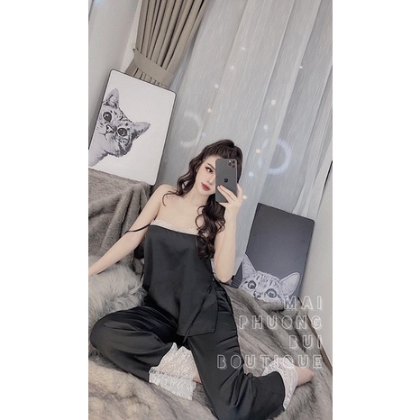 set bộ pijama mặc nhà sexy quyến rũ cột dây nơ phối ren cao cấp cực sang