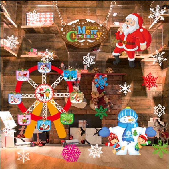 Decal dán tường Noel Hít Tĩnh Điện không Dơ Kính - Các bé vui chơi cùng người tuyết với Đu quay