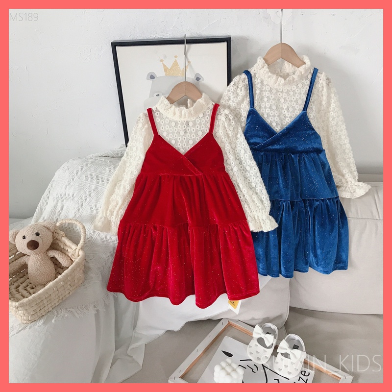 Set váy 2 dây phối áo cho bé gái - Quần áo trẻ em Sumin Kids - Chất nhung kim tuyến màu Đỏ và Xanh