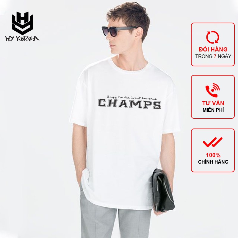Áo Thun Nam Nữ HY KOREA Phom Rộng Tay Lỡ In Hình CHAMPS, Vải Cotton 75% Dày Mềm Mịn Đẹp.