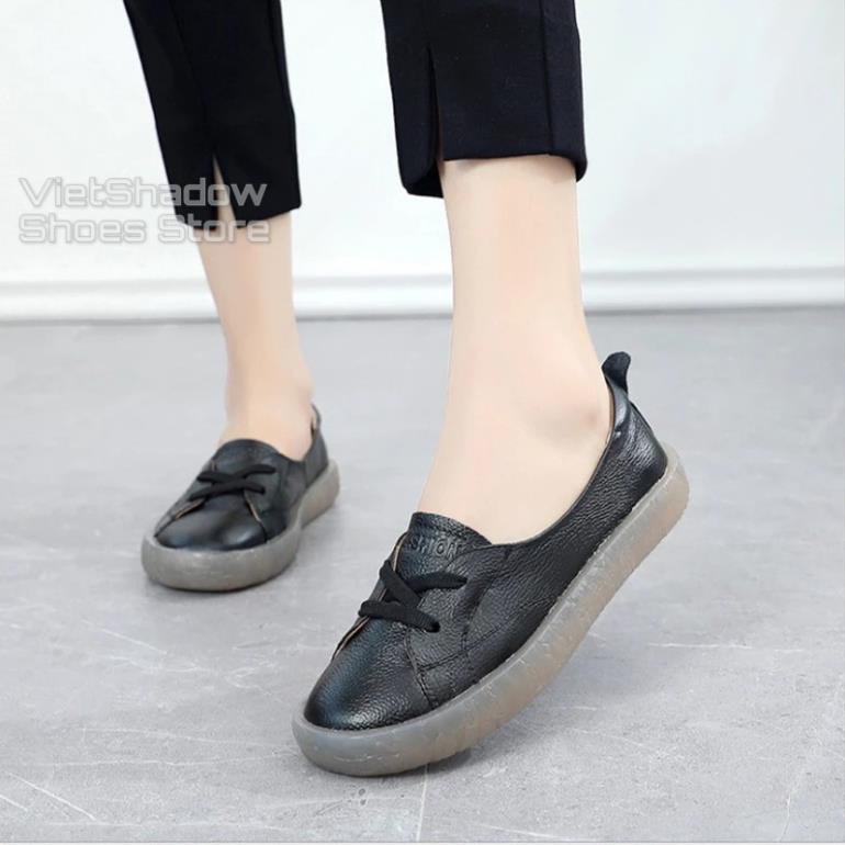 Slip on da nữ - Giày lười da nữ dáng bè - Chất liệu da thật 3 màu (be), (trắng) và (đen) - Mã 525 ELI