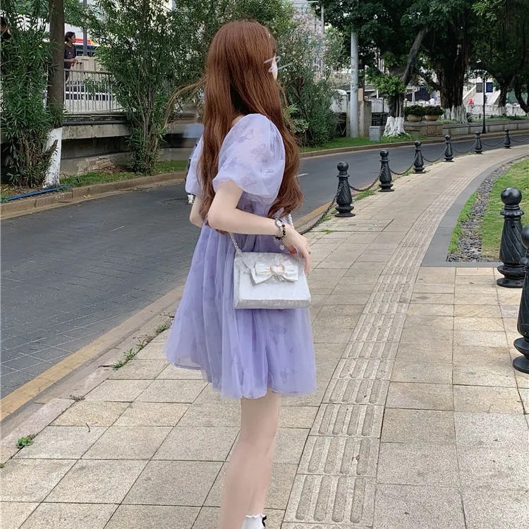 Váy voan tím 3 lớp cổ vuông họa tiết 🎀 tay phồng ngọt ngào cực tiểu thư - V01