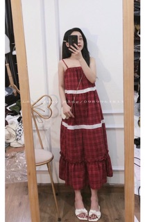 Đầm maxi hai dây kẻ đỏ (ảnh thật)