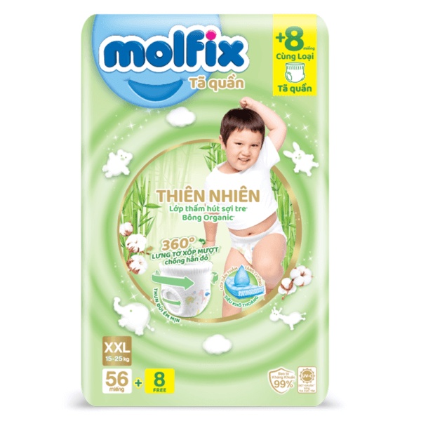 Tã dán/Quần Molfix Thiên Nhiên Size S46/M76/L68/XL48/XXL56/XXXL44 (Tặng + 8 Miếng)