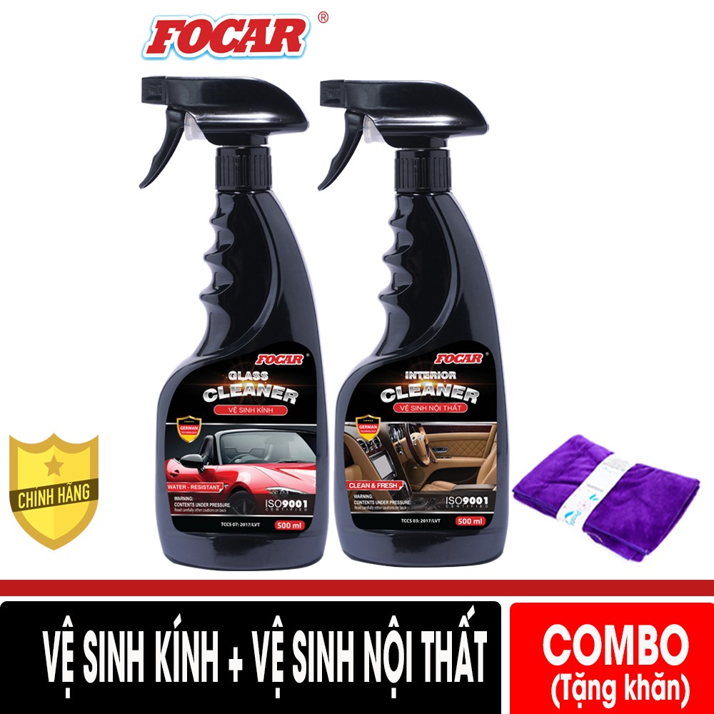 Bộ 2 chai vệ sinh kính ô tô Focar 500ml+ Vệ sinh nội thất xe Focar 500ml (Tặng khăn FOCAR)