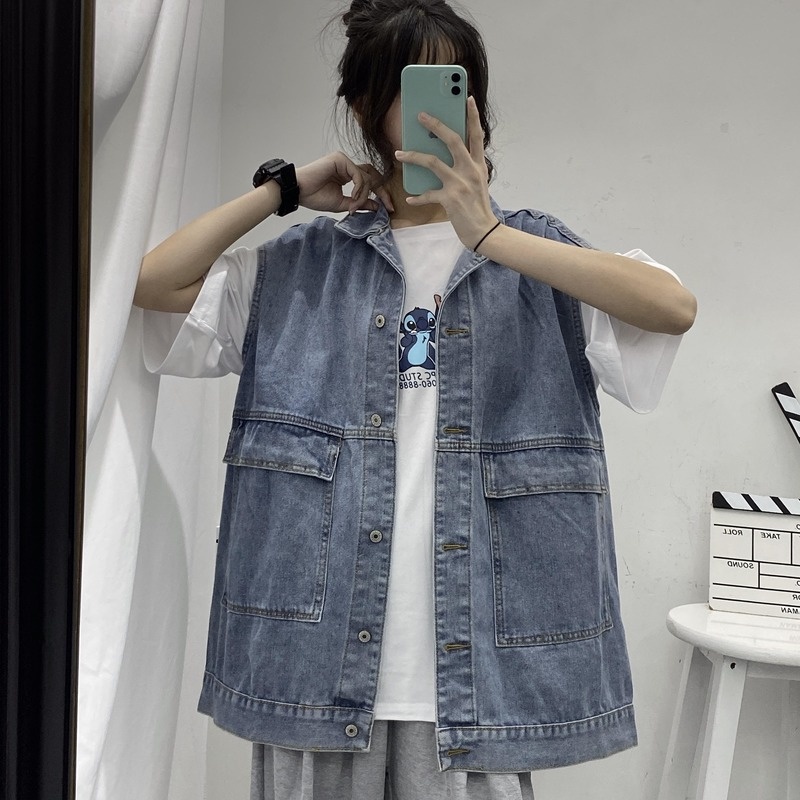 Áo Khoác Denim Không Tay Dáng Rộng Phong Cách Thời Trang Đường Phố Cho Nữ