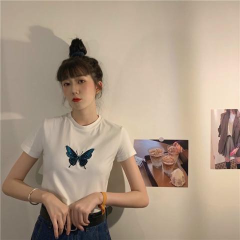 Áo Croptop tay ngắn thêu hình bướm siêu xinh - áo croptop tay ngắn siêu hot 2 màu