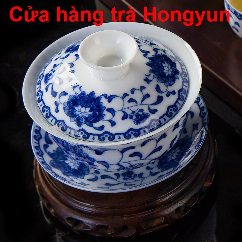 Bộ trà sứ trắng xanh Jingdezhen Kung Fu nhà quà tặng khay Trung Quốc phong cảnh tuyết phủ ấm1