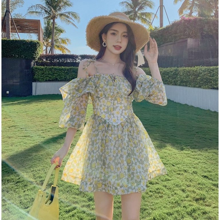 Sẵn - Đầm Hoa Nhí | Đầm Hoa Nhí Nữ Dáng Ngắn Xòe 2 Lớp Trễ Vai Sexy Thời Trang Ulzzang Hàn Quốc