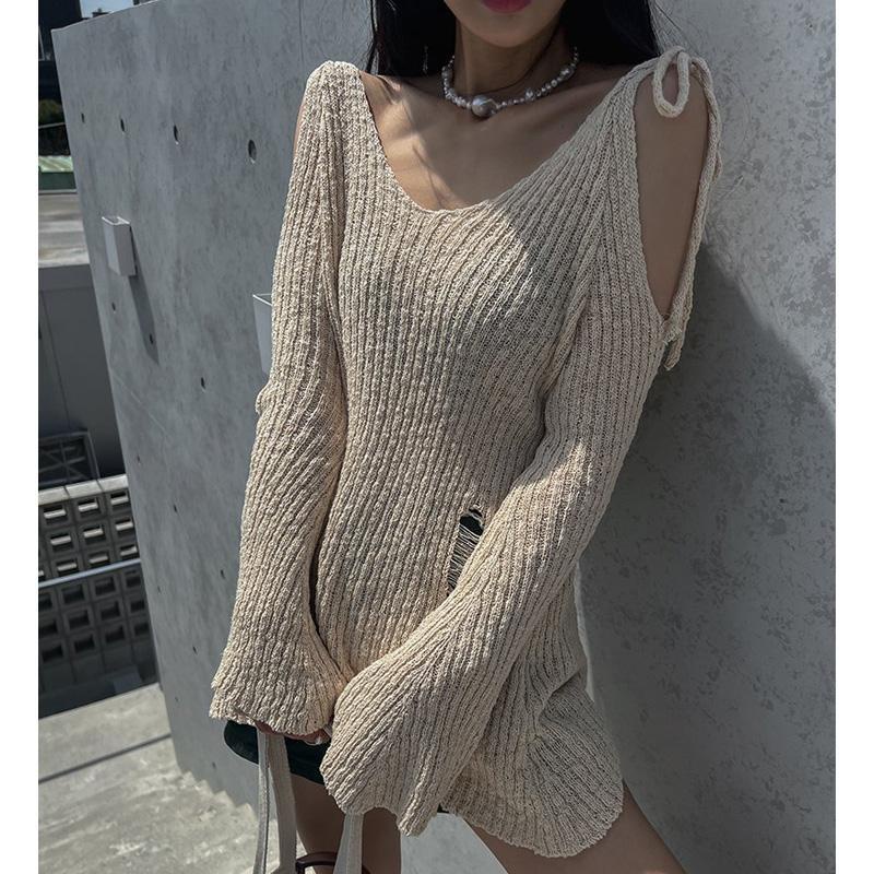 ♝Đầm Dệt Kim Tay Dài Hở Vai Phối Ren Thời Trang Mùa Hè Dành Cho Nữ