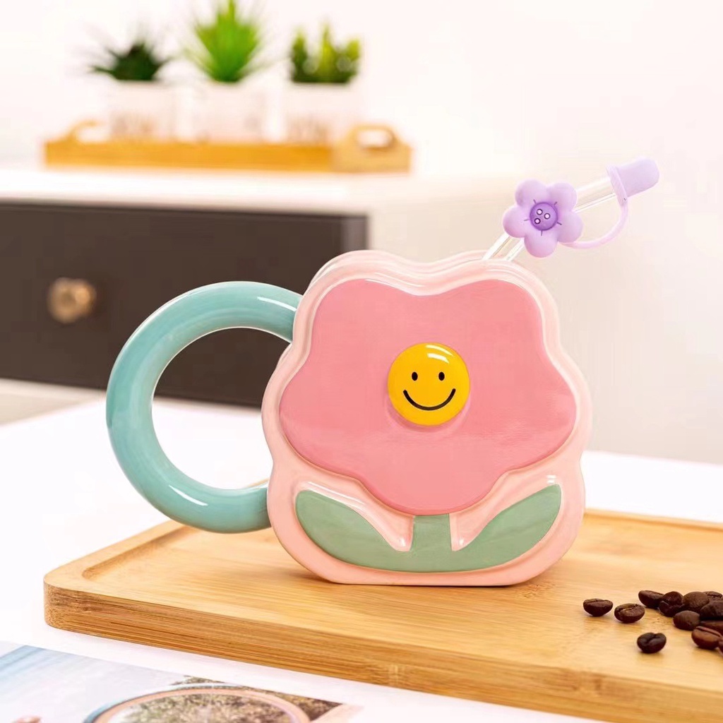 Cốc Uống Nước Bằng Gốm Sứ Cao Cấp Họa Tiết Hoa Dễ Thương