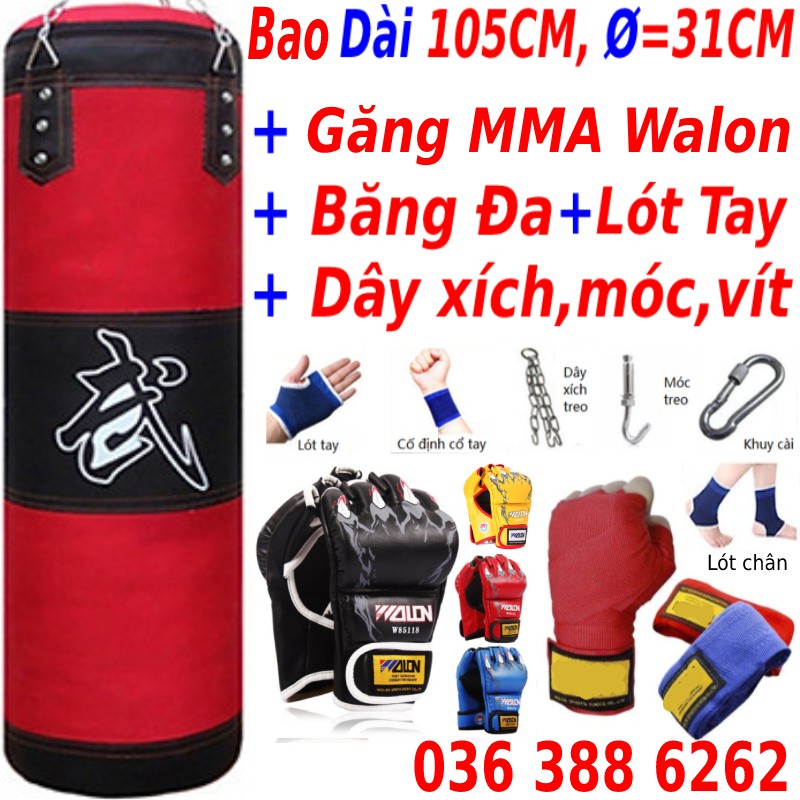 Vỏ Bao Cát Boxing Đấm Bốc Treo 2 lớp dài 105cm, Ø=31cm + Găng Đấm MMA Walon Fighter Chuẩn Thi Đấu Chính Hãng + Băng Đa