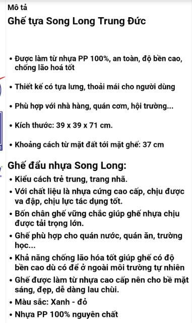 Ghế nhựa nhà hàng Song long phí ship liên hệ shop