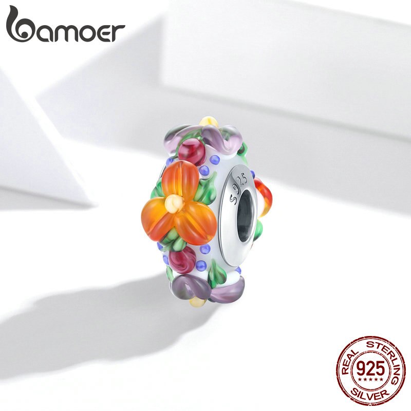 Mặt trang sức bamoer SCC1720 bằng bạc thật 925 thiết kế kiểu hoa đầy màu sắc sành điệu để làm vòng tay DIY