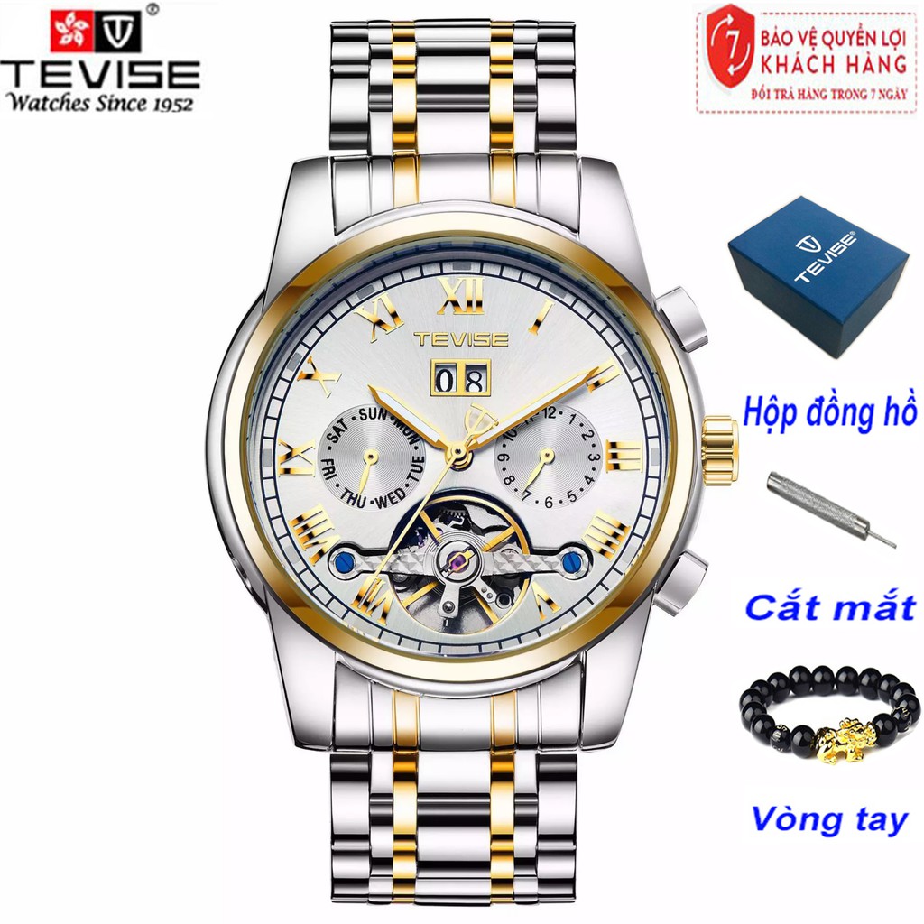 [TẶNG CHỐT, VÒNG TAY] Đồng Hồ Nam Chạy Cơ Automatic TEVISE 9005 Dây Thép Có Lịch Ngày Cao Cấp (Dây Demi, Mặt Trắng)