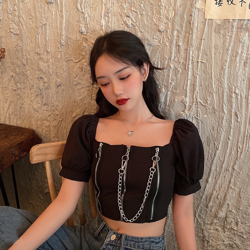 Áo croptop tay ngắn cổ vuông 3 dây kéo có xích ôm body cực chất cá tính ulzzang ( 2 màu )