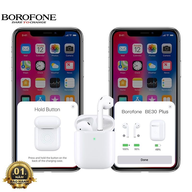 Tai nghe TWS Borofone BE30 Plus có Pop Up, hỗ trợ đổi tên, định vị, cảm ứng đa điểm, bluetooth v5.0
